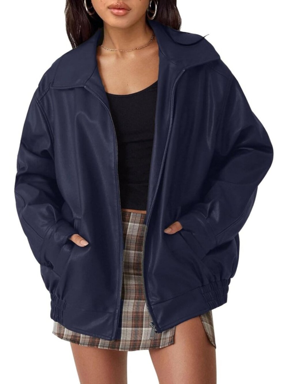 〽️ Women’s Blue Oversized Faux Leather ZIP Up Motorcycle Fall Winter Jackets